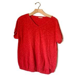 Eileen Fisher Coral Orange Linen Cotton V Neck Short Sleeve Knit Top Sz PL